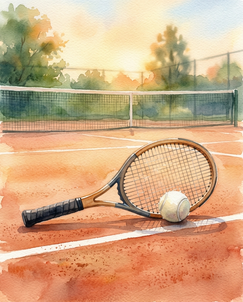 Watercolor illustration of a tennis racket and ball on a court, centered subject with a simple uncluttered composition, warm golden light, calm mood, 4:5 aspect ratio