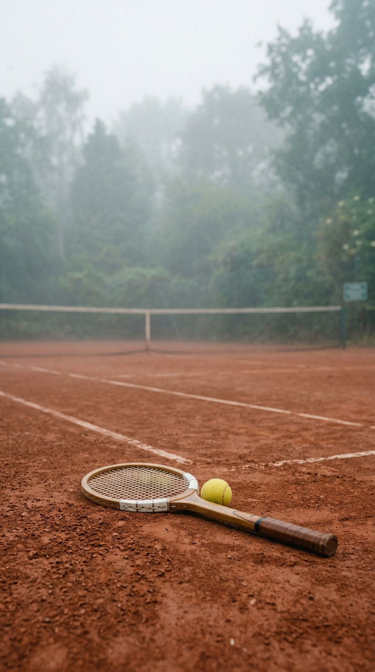 Cinematic film still of a tennis racket and ball on a court, wide shot with open space at the top for text, misty morning haze, dreamy, 9:16 aspect ratio