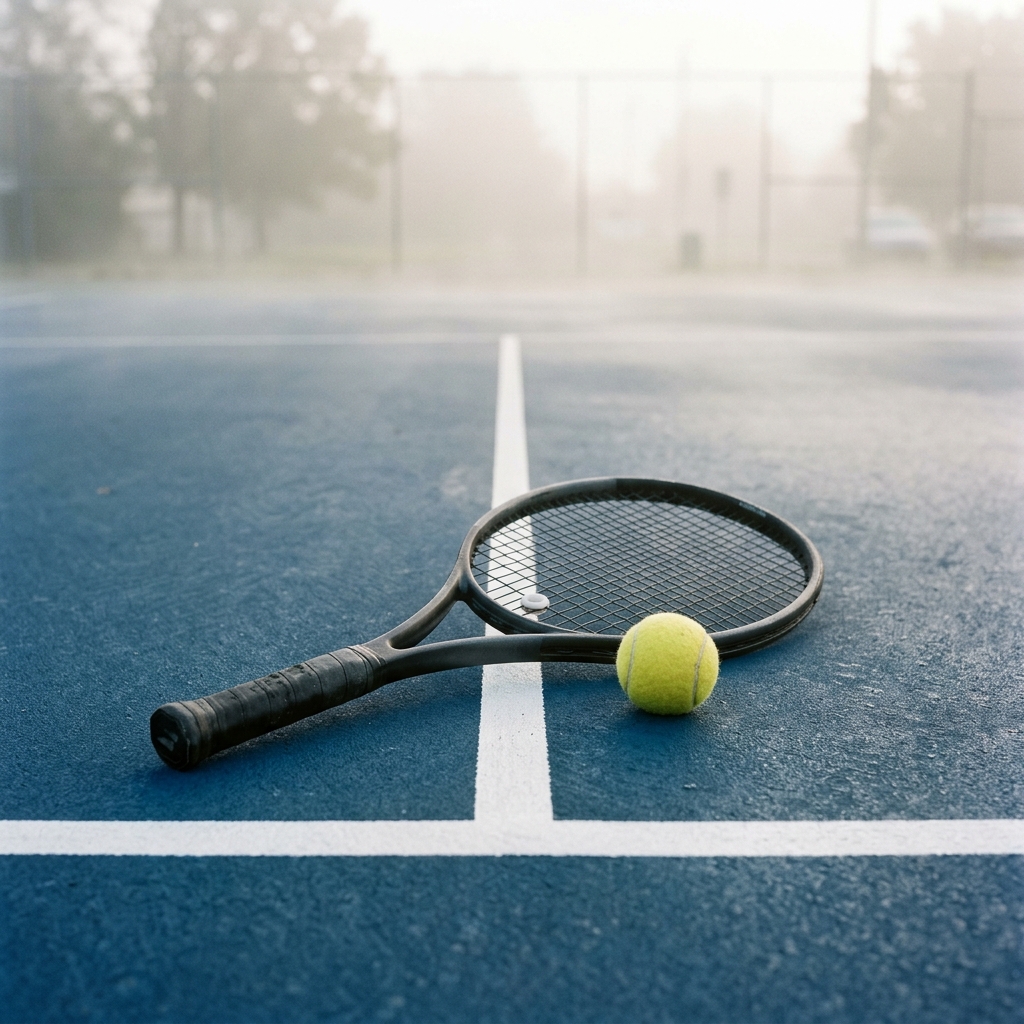 Photorealistic photo of a tennis racket and ball on a court, high-angle view from above, misty morning haze, dreamy, 1:1 aspect ratio