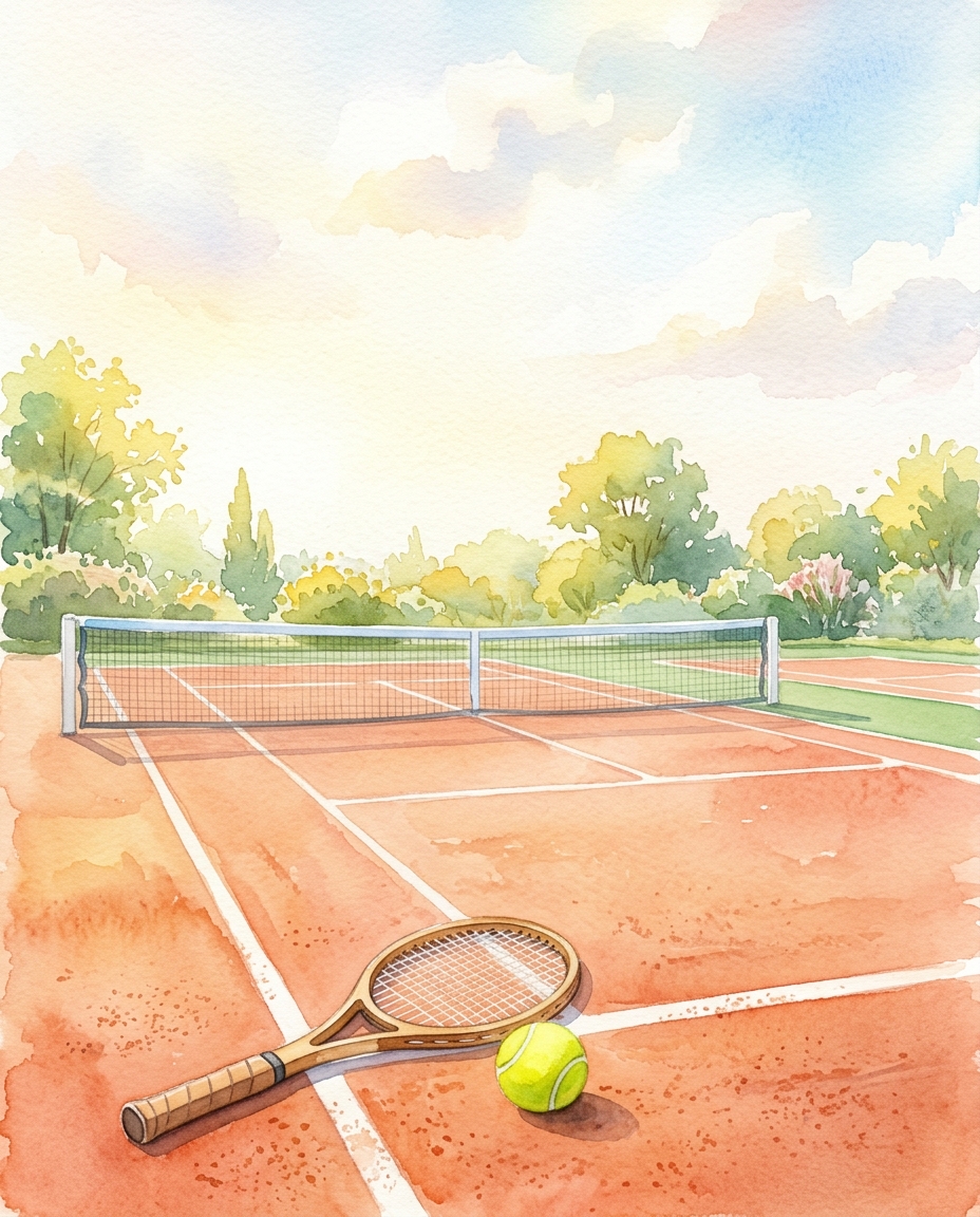 Watercolor illustration of a tennis racket and ball on a court, wide shot with open space at the top for text, soft pastel colors, bright and cozy, 4:5 aspect ratio