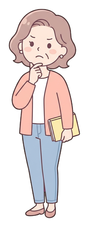 Simple cute flat cartoon illustration with soft pastel colors and thin clean dark outlines of a middle-aged woman, person thinking hard with a hand on the chin, transparent background PNG