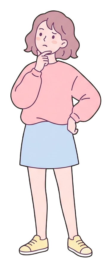 Simple cute flat cartoon illustration with soft pastel colors and thin clean dark outlines of a young woman, person thinking hard with a hand on the chin, transparent background PNG