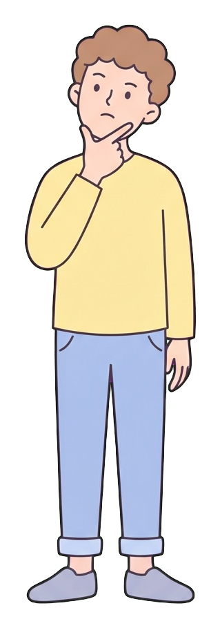 Simple cute flat cartoon illustration with soft pastel colors and thin clean dark outlines of a young man, person thinking hard with a hand on the chin, transparent background PNG