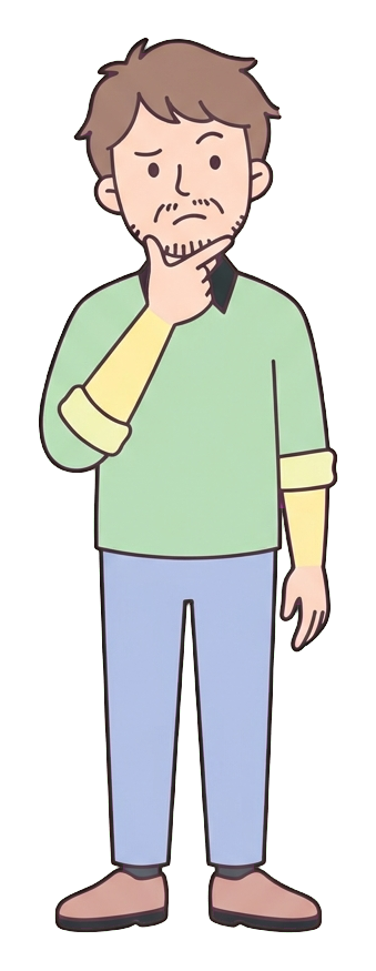 Simple cute flat cartoon illustration with soft pastel colors and thin clean dark outlines of a middle-aged man, person thinking hard with a hand on the chin, transparent background PNG