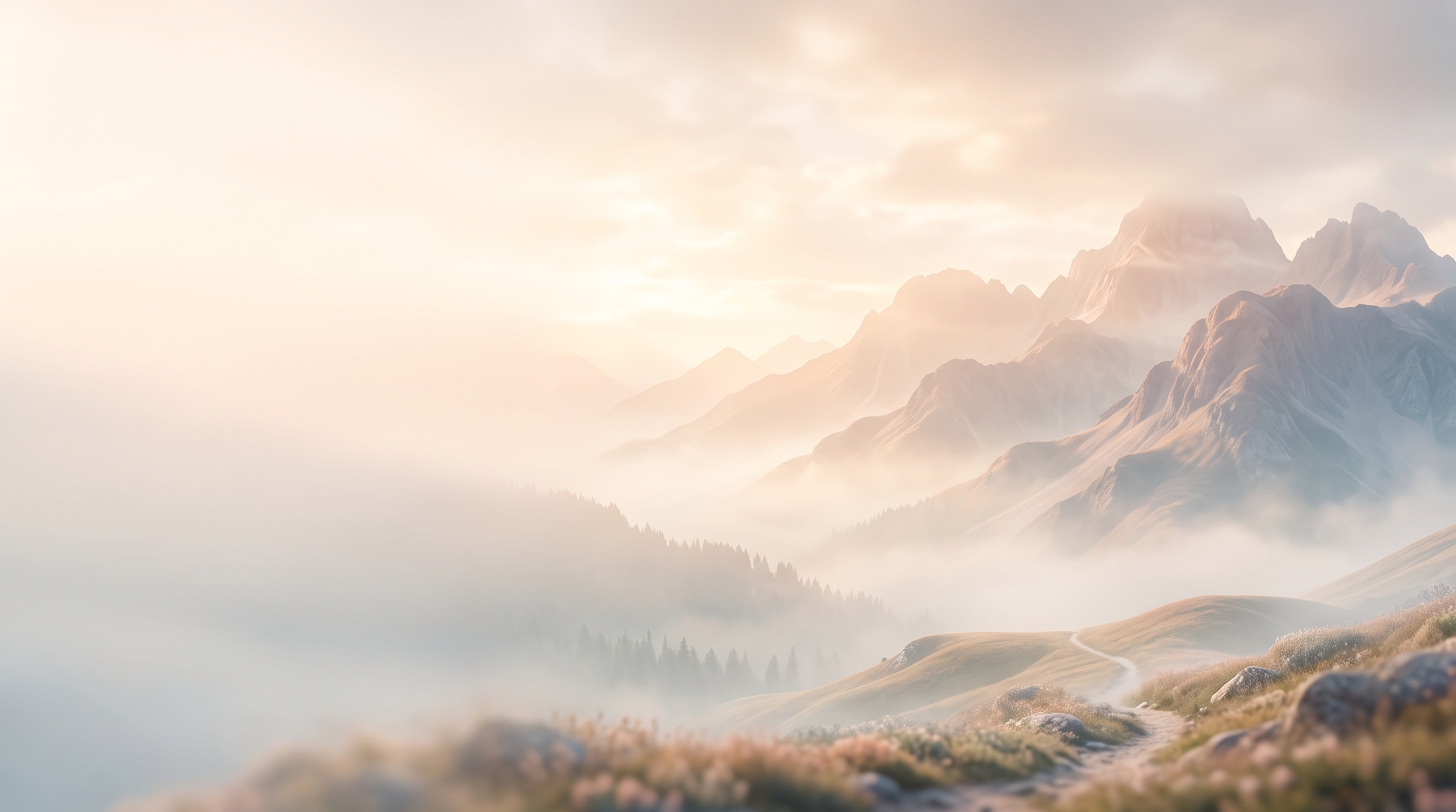 Soft 3d render of bold dramatic background with empty space on the left half for a person and a title, wide shot with open space at the top for text, misty morning haze, dreamy, 16:9 aspect ratio
