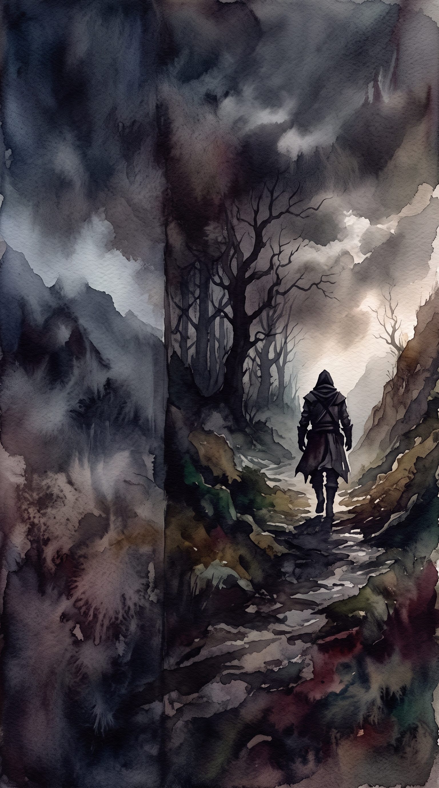 Watercolor illustration of bold dramatic background with empty space on the left half for a person and a title, centered subject with a simple uncluttered composition, moody dark tones, dramatic lighting, 9:16 aspect ratio