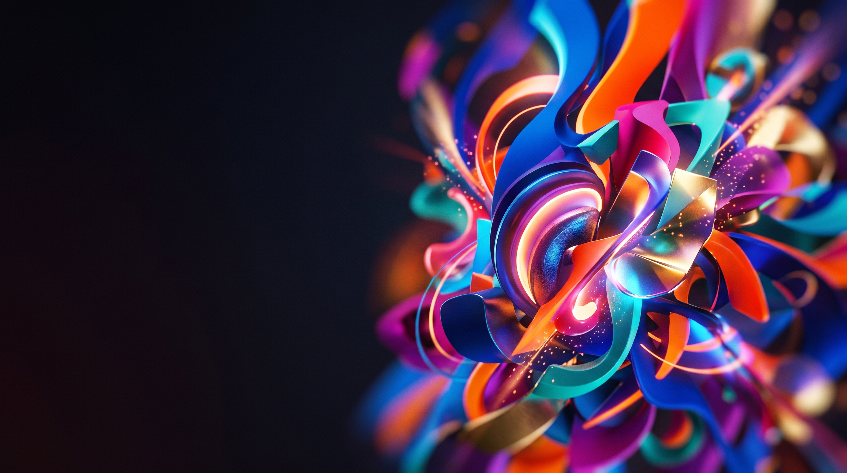 Soft 3d render of bold dramatic background with empty space on the left half for a person and a title, close-up detail with shallow depth of field, vivid colors, high contrast, energetic, 16:9 aspect ratio