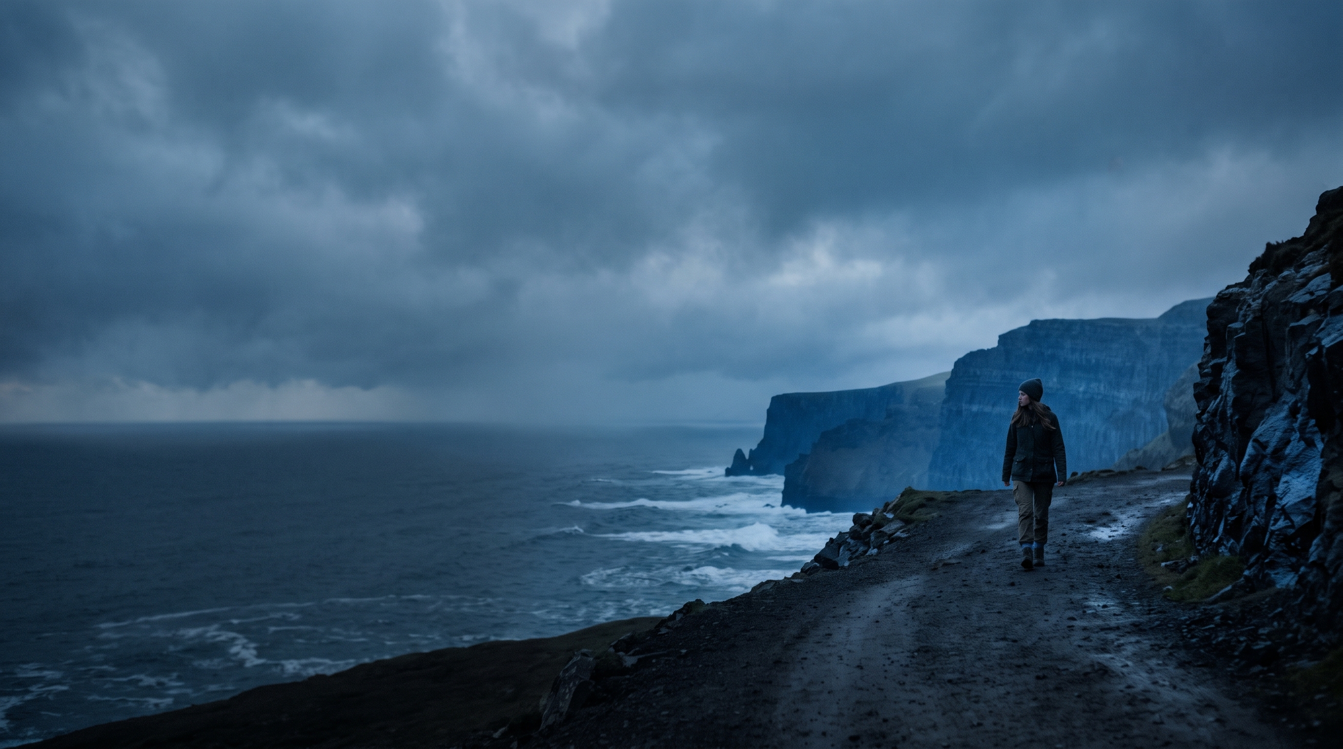 Cinematic film still of bold dramatic background with empty space on the left half for a person and a title, centered subject with a simple uncluttered composition, cool blue tones, quiet atmosphere, 16:9 aspect ratio