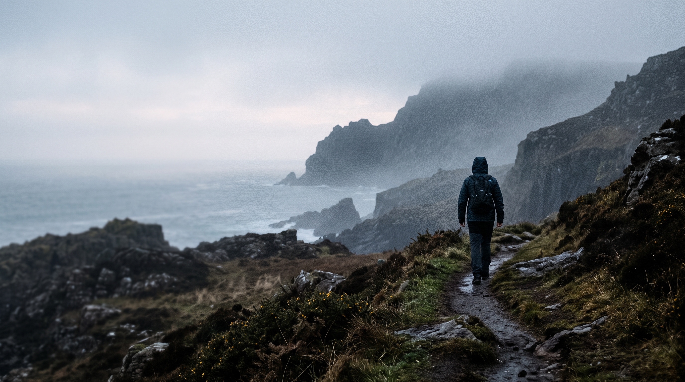 Photorealistic photo of bold dramatic background with empty space on the left half for a person and a title, centered subject with a simple uncluttered composition, misty morning haze, dreamy, 16:9 aspect ratio