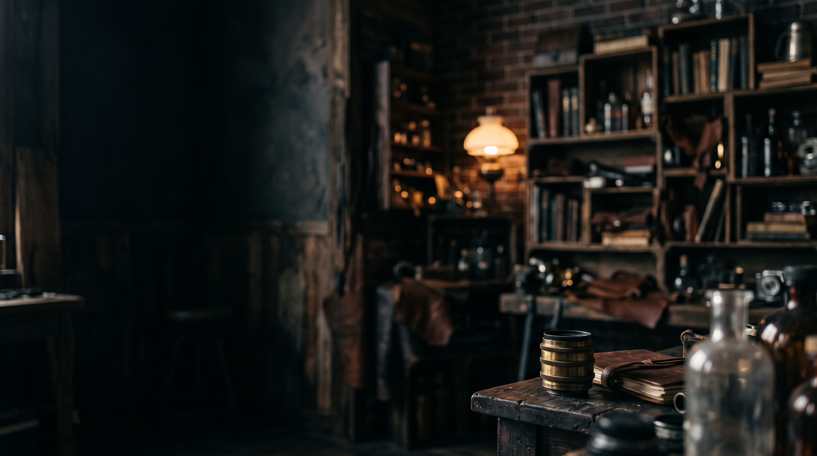 Photorealistic photo of bold dramatic background with empty space on the left half for a person and a title, close-up detail with shallow depth of field, moody dark tones, dramatic lighting, 16:9 aspect ratio