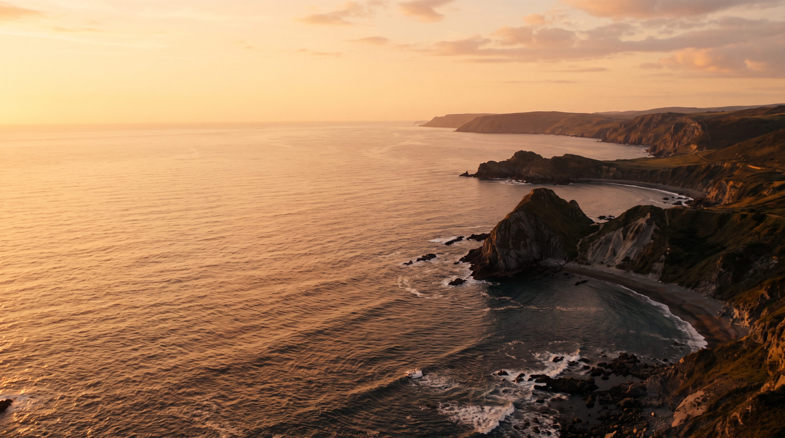 Cinematic film still of bold dramatic background with empty space on the left half for a person and a title, high-angle view from above, warm golden light, calm mood, 16:9 aspect ratio
