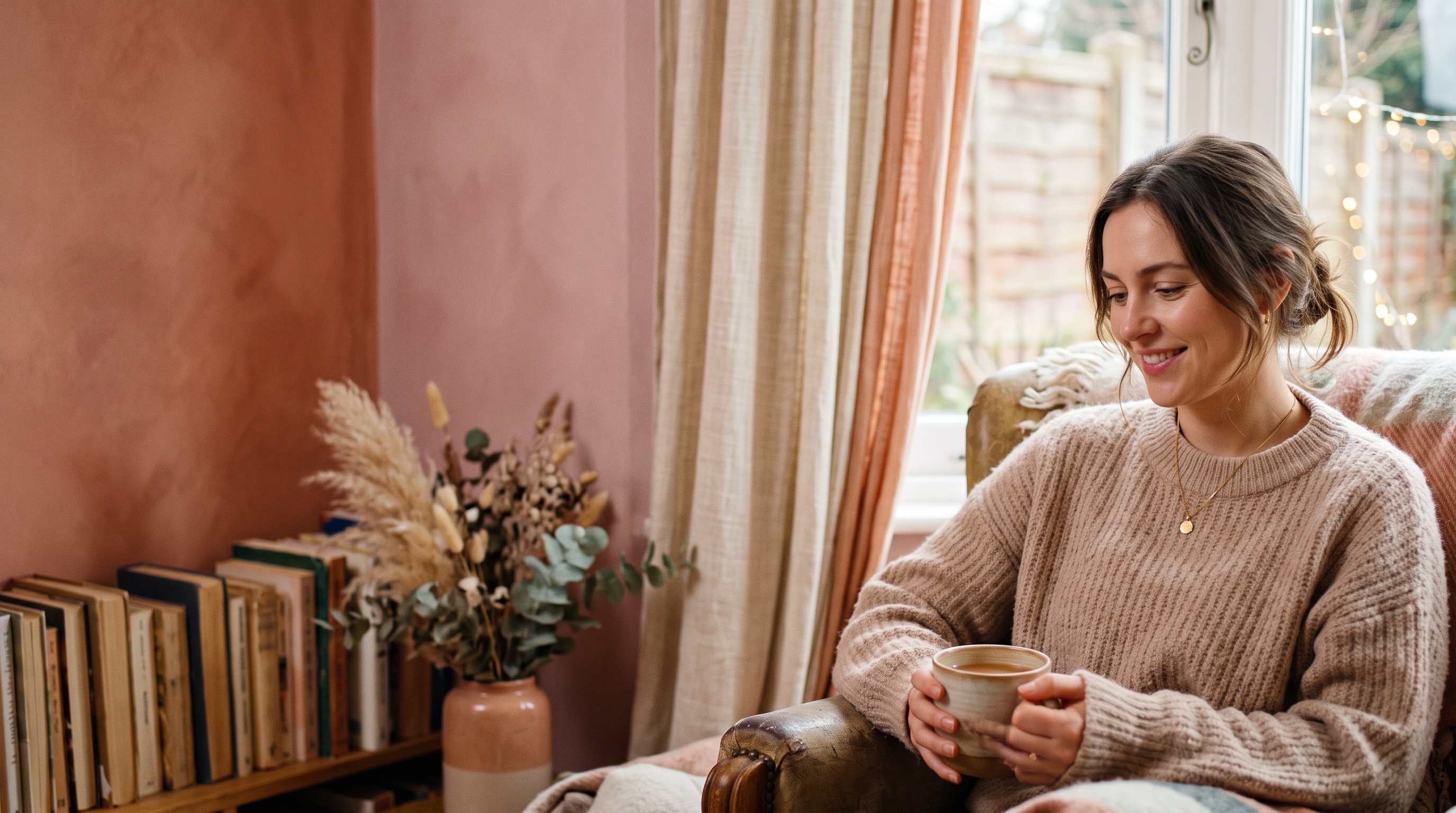 Cinematic film still of bold dramatic background with empty space on the left half for a person and a title, close-up detail with shallow depth of field, soft pastel colors, bright and cozy, 16:9 aspect ratio