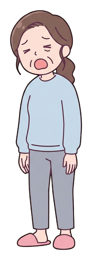 Simple cute flat cartoon illustration with soft pastel colors and thin clean dark outlines of a middle-aged woman, exhausted person yawning with drooping shoulders, transparent background PNG
