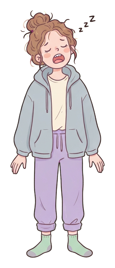 Simple cute flat cartoon illustration with soft pastel colors and thin clean dark outlines of a young woman, exhausted person yawning with drooping shoulders, transparent background PNG