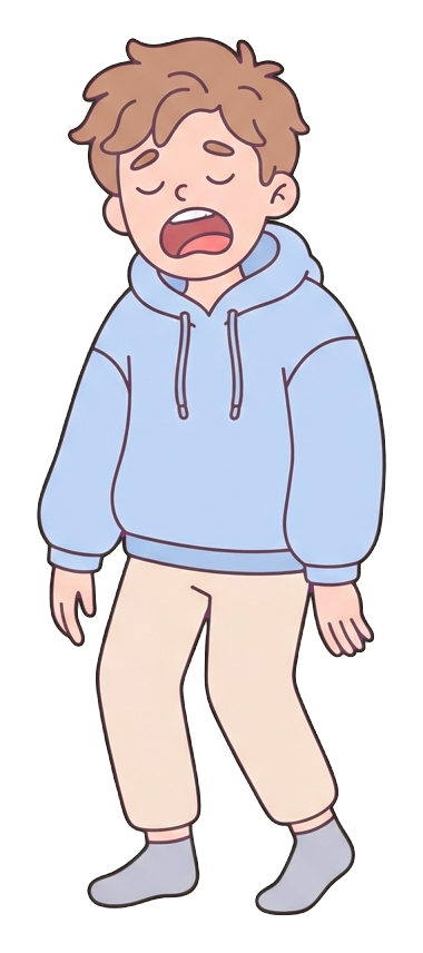 Simple cute flat cartoon illustration with soft pastel colors and thin clean dark outlines of a young man, exhausted person yawning with drooping shoulders, transparent background PNG