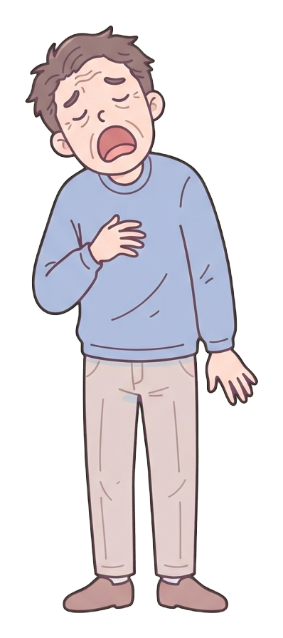 Simple cute flat cartoon illustration with soft pastel colors and thin clean dark outlines of a middle-aged man, exhausted person yawning with drooping shoulders, transparent background PNG