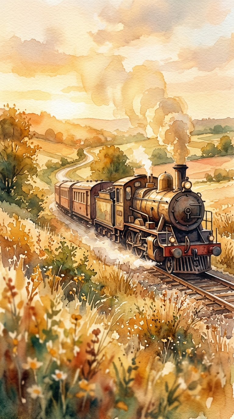 Watercolor illustration of a train running through the countryside, close-up detail with shallow depth of field, warm golden light, calm mood, 9:16 aspect ratio