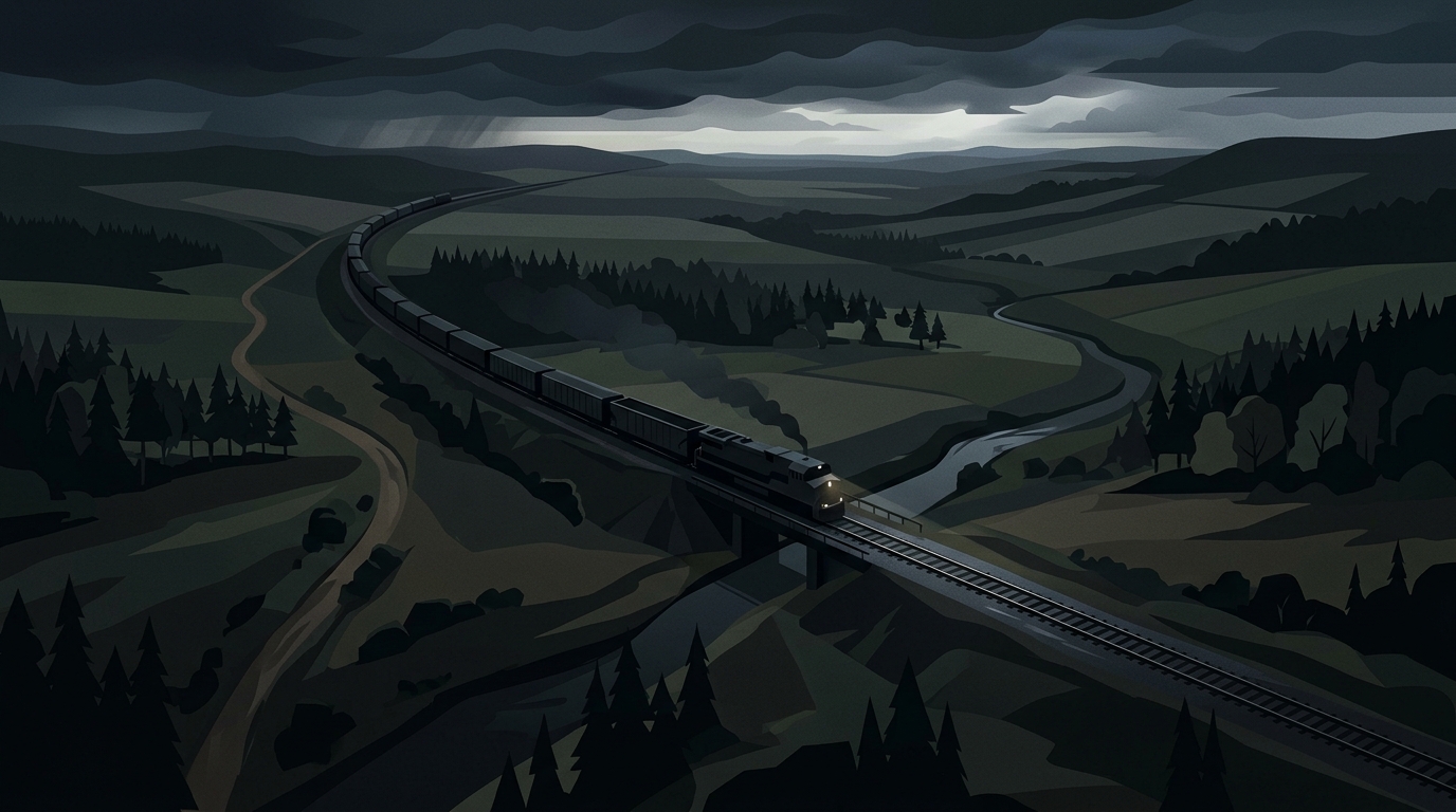 Minimal flat illustration of a train running through the countryside, high-angle view from above, moody dark tones, dramatic lighting, 16:9 aspect ratio
