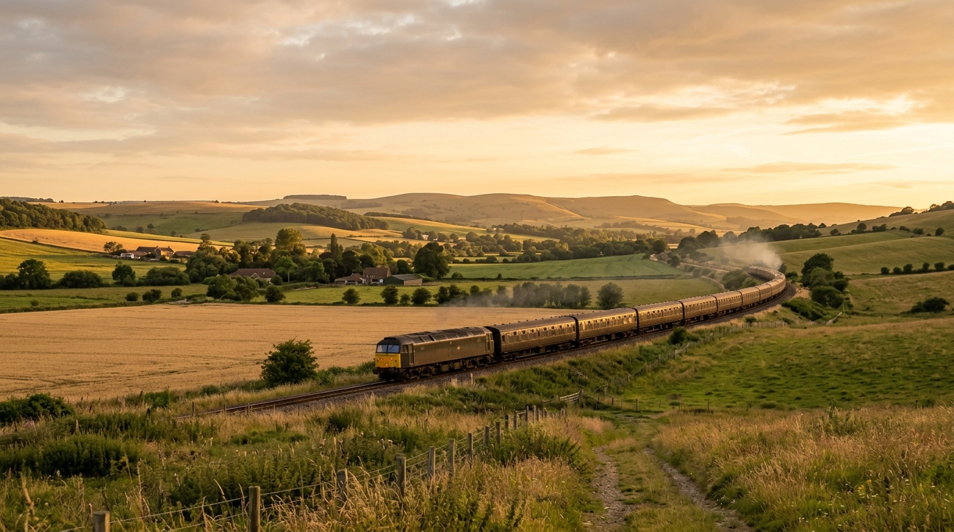 Photorealistic photo of a train running through the countryside, wide shot with open space at the top for text, warm golden light, calm mood, 16:9 aspect ratio