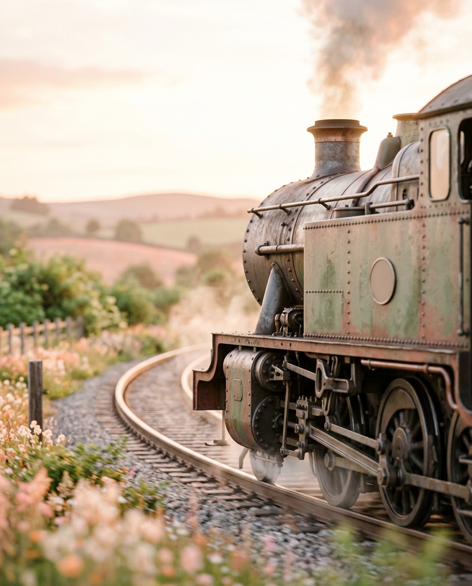 Cinematic film still of a train running through the countryside, close-up detail with shallow depth of field, soft pastel colors, bright and cozy, 4:5 aspect ratio