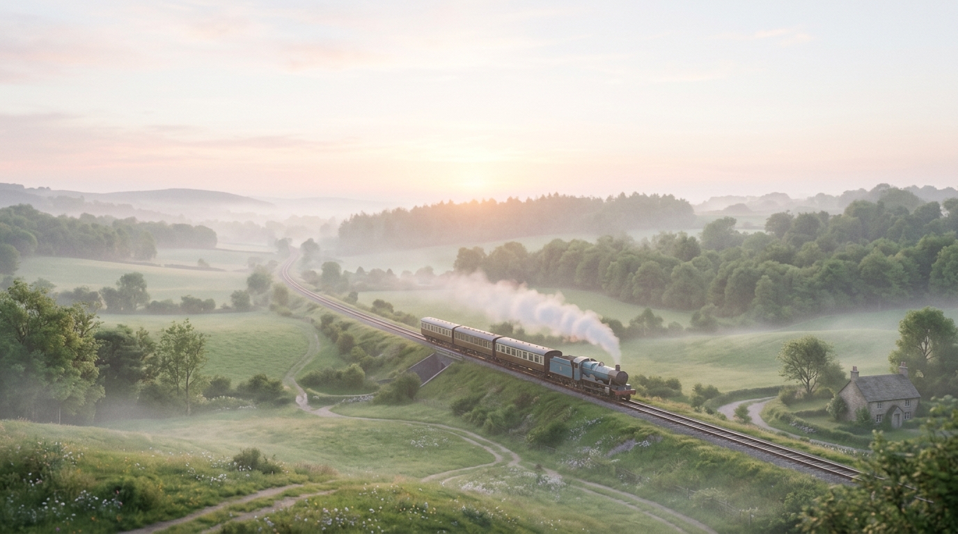 Soft 3d render of a train running through the countryside, wide shot with open space at the top for text, misty morning haze, dreamy, 16:9 aspect ratio