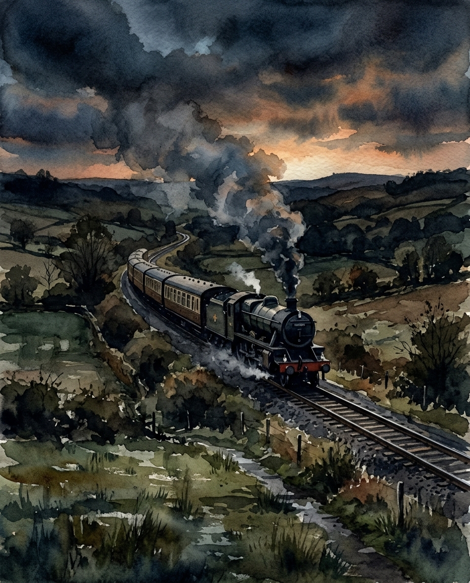 Watercolor illustration of a train running through the countryside, centered subject with a simple uncluttered composition, moody dark tones, dramatic lighting, 4:5 aspect ratio