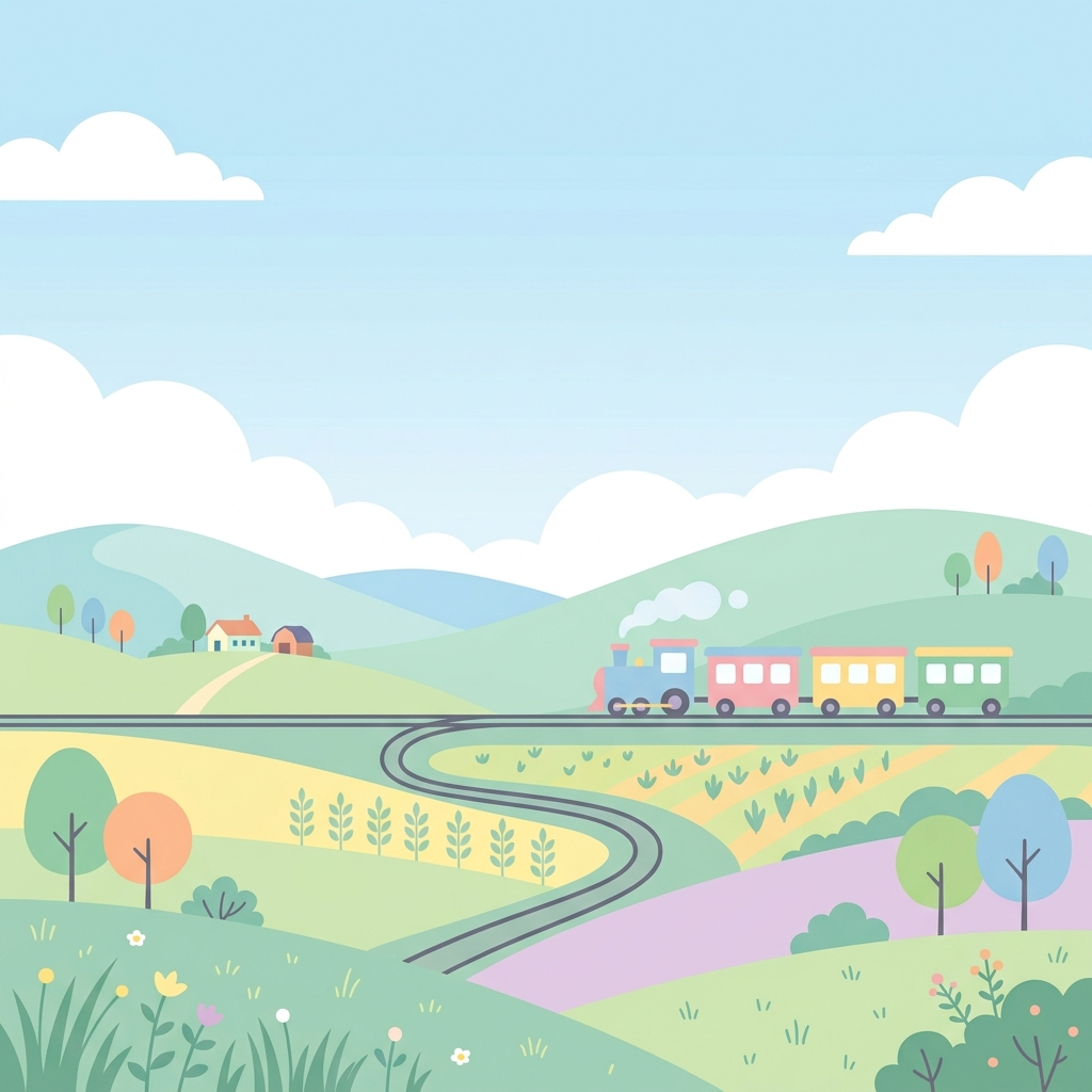 Minimal flat illustration of a train running through the countryside, wide shot with open space at the top for text, soft pastel colors, bright and cozy, 1:1 aspect ratio