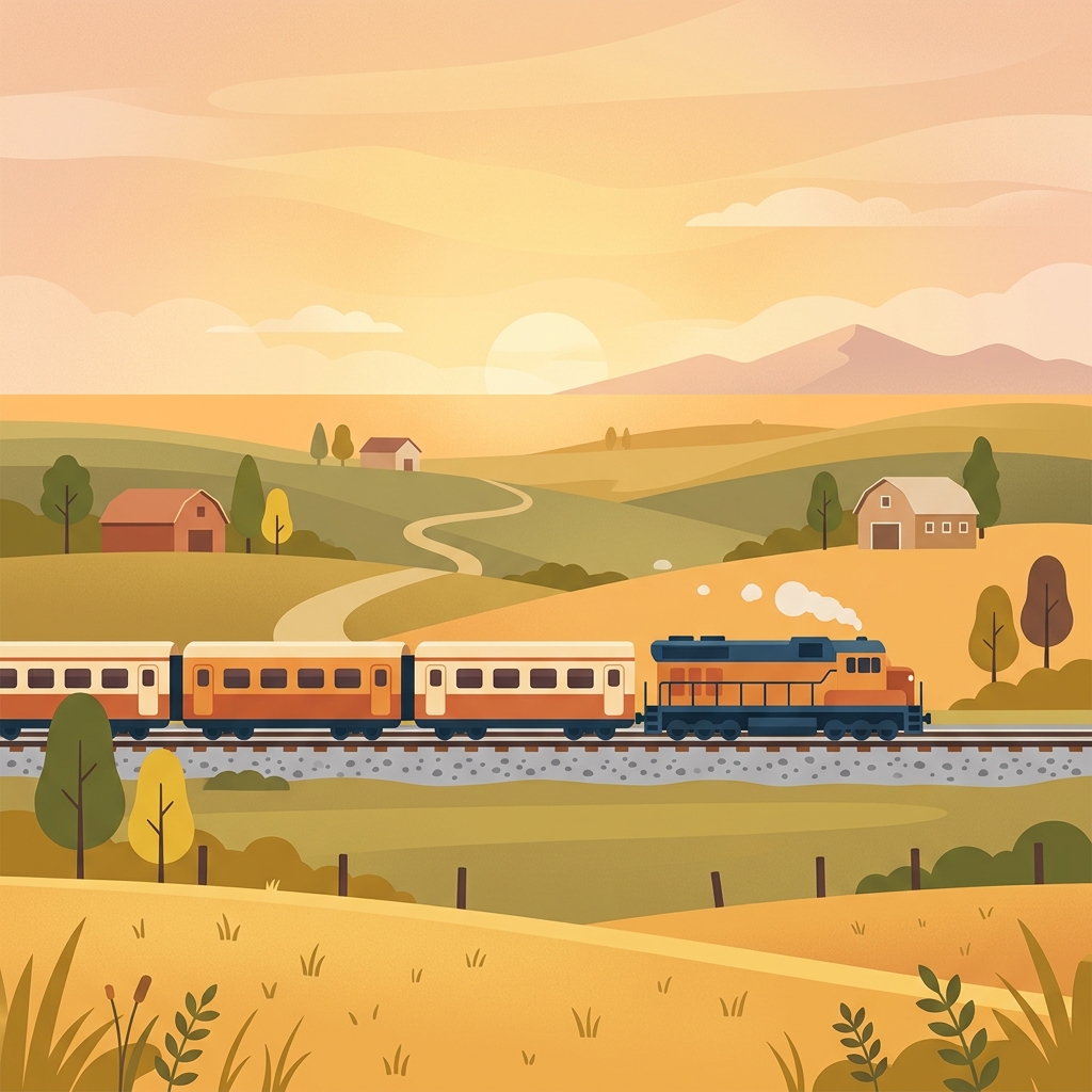 Minimal flat illustration of a train running through the countryside, centered subject with a simple uncluttered composition, warm golden light, calm mood, 1:1 aspect ratio