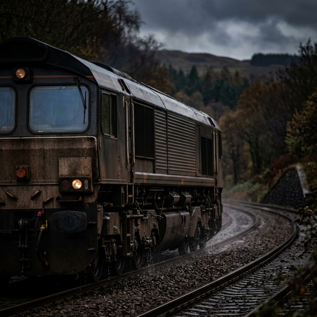 Photorealistic photo of a train running through the countryside, close-up detail with shallow depth of field, moody dark tones, dramatic lighting, 1:1 aspect ratio