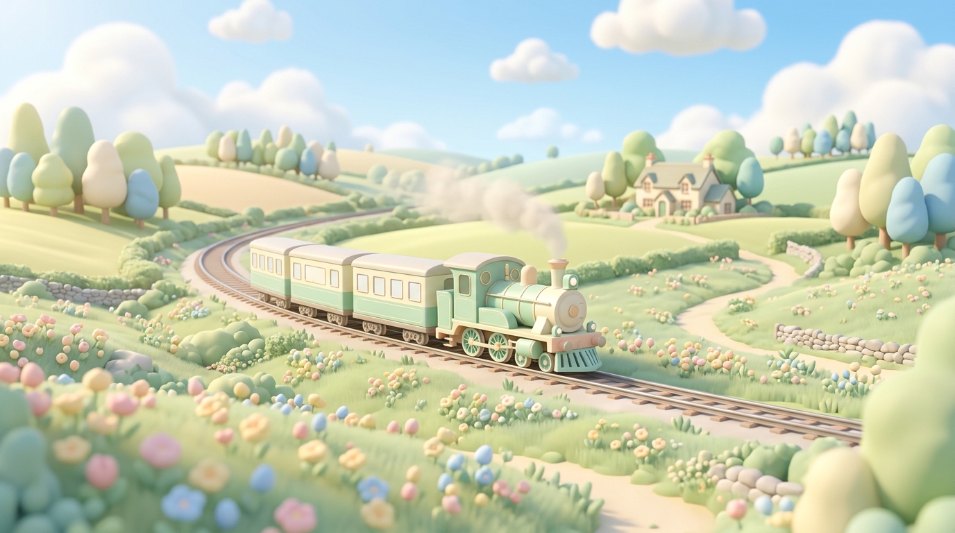 Soft 3d render of a train running through the countryside, centered subject with a simple uncluttered composition, soft pastel colors, bright and cozy, 16:9 aspect ratio