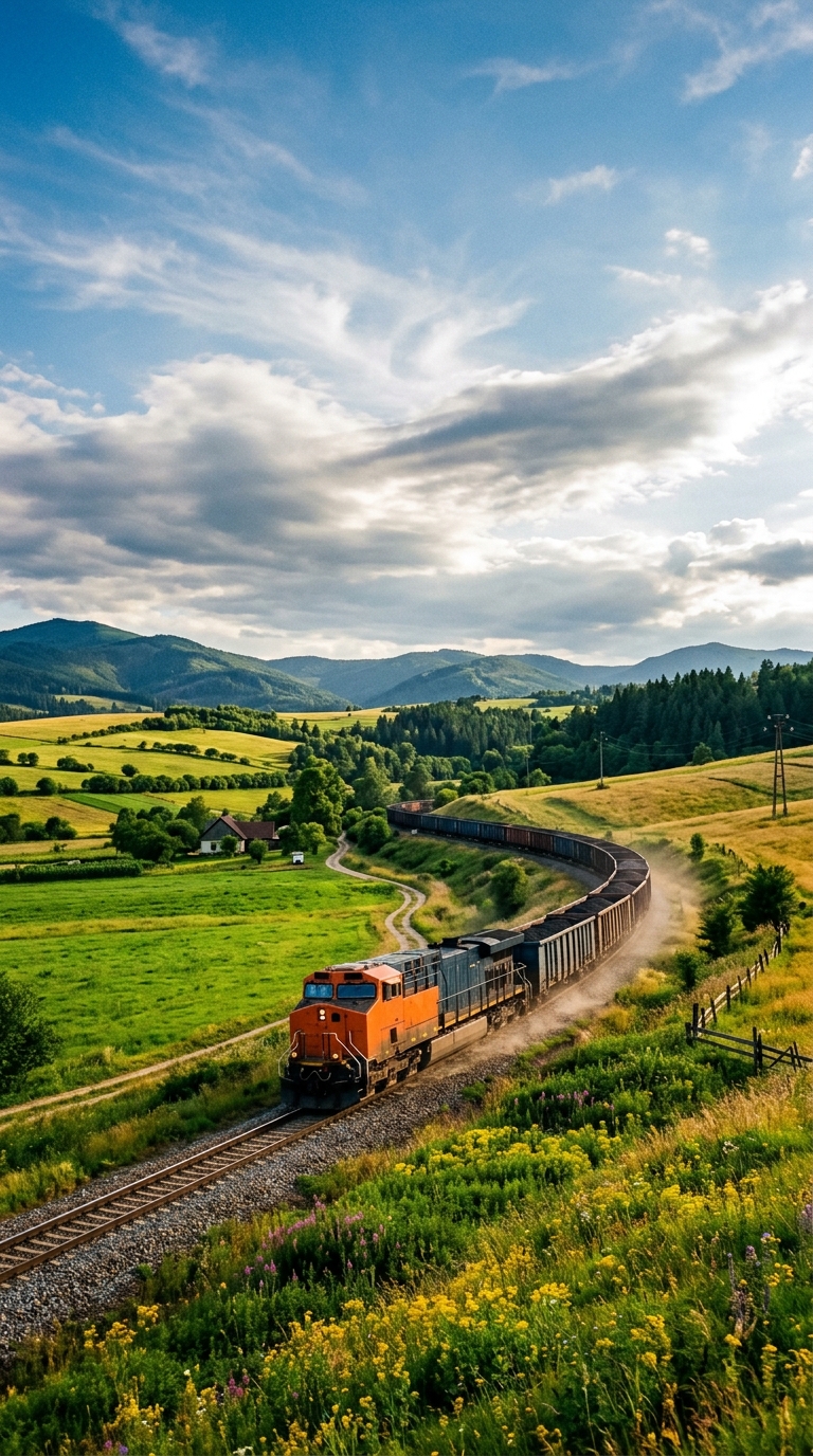 Cinematic film still of a train running through the countryside, wide shot with open space at the top for text, vivid colors, high contrast, energetic, 9:16 aspect ratio