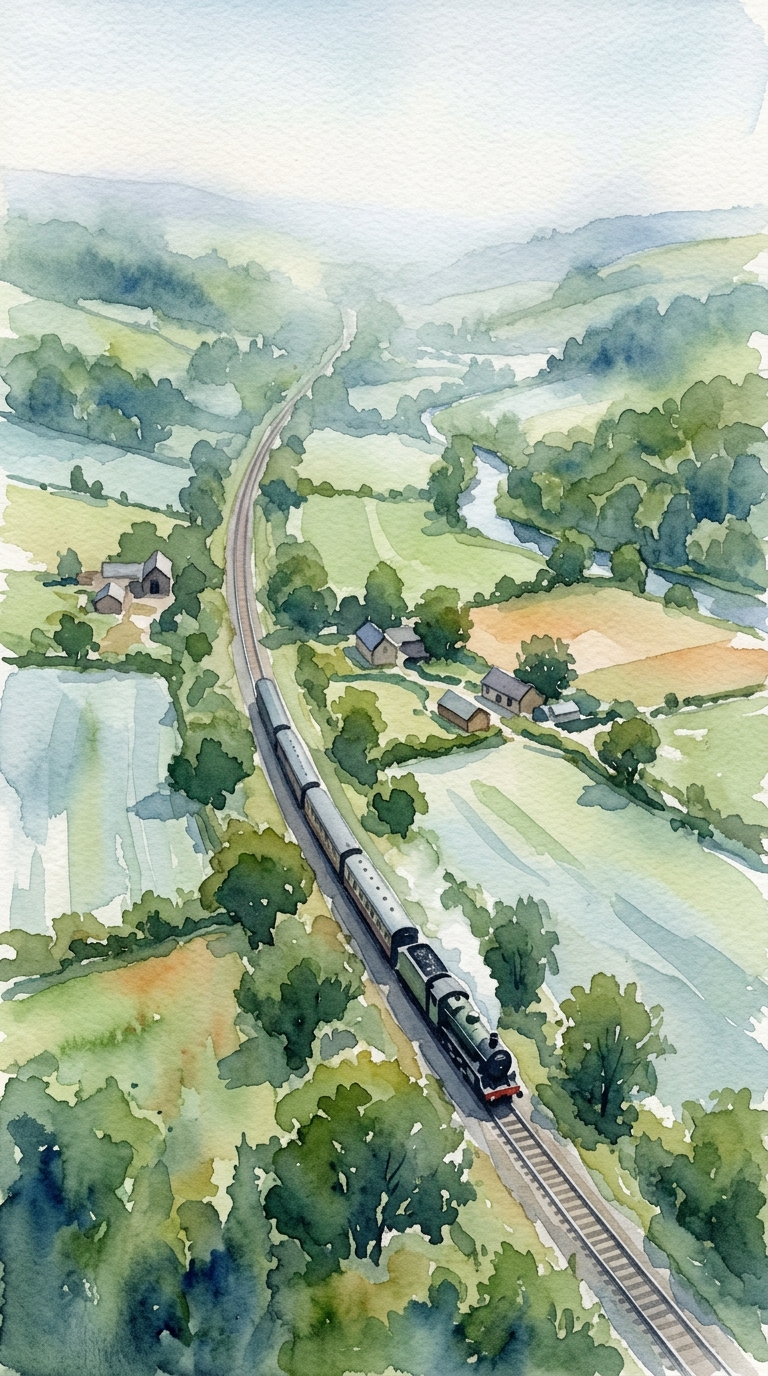 Watercolor illustration of a train running through the countryside, high-angle view from above, misty morning haze, dreamy, 9:16 aspect ratio