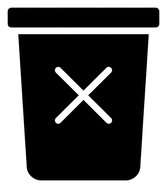 Bold black glyph icon, solid filled silhouette of a trash can delete icon, transparent background PNG