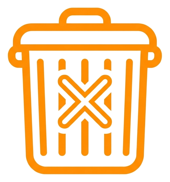 Rounded line icon, thick orange outline of a trash can delete icon, transparent background PNG