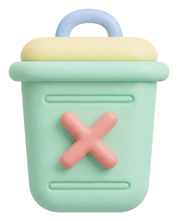 Soft 3D icon, pastel clay render of a trash can delete icon, transparent background PNG