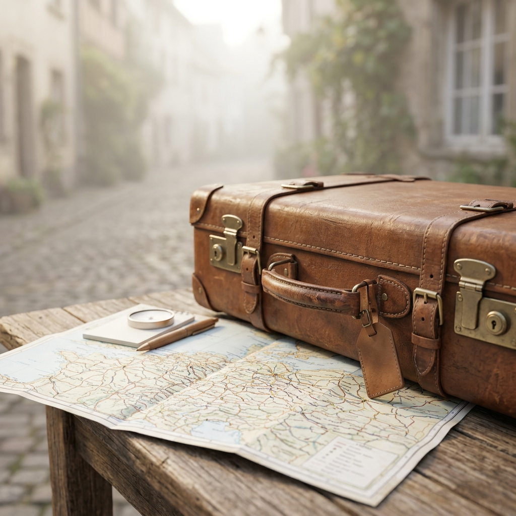 Soft 3d render of travel suitcase and map, close-up detail with shallow depth of field, misty morning haze, dreamy, 1:1 aspect ratio