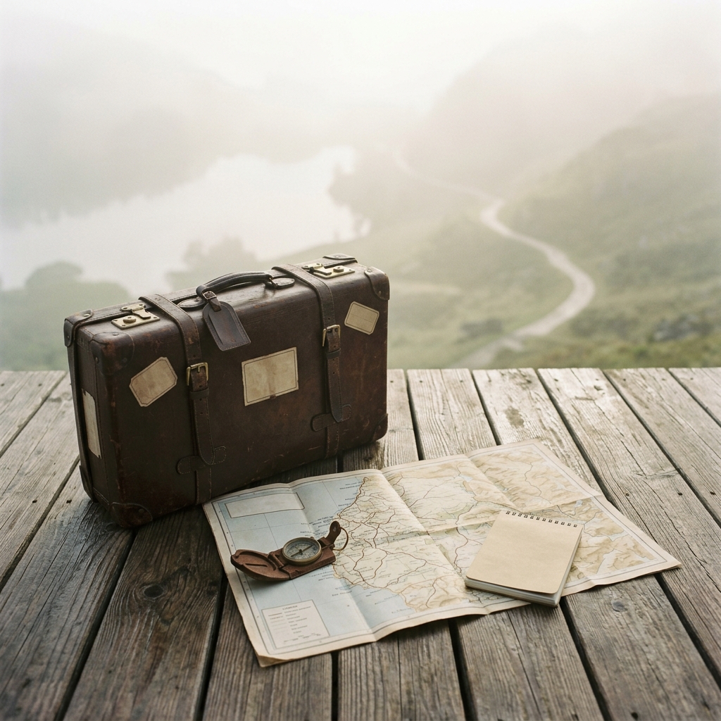 Photorealistic photo of travel suitcase and map, high-angle view from above, misty morning haze, dreamy, 1:1 aspect ratio