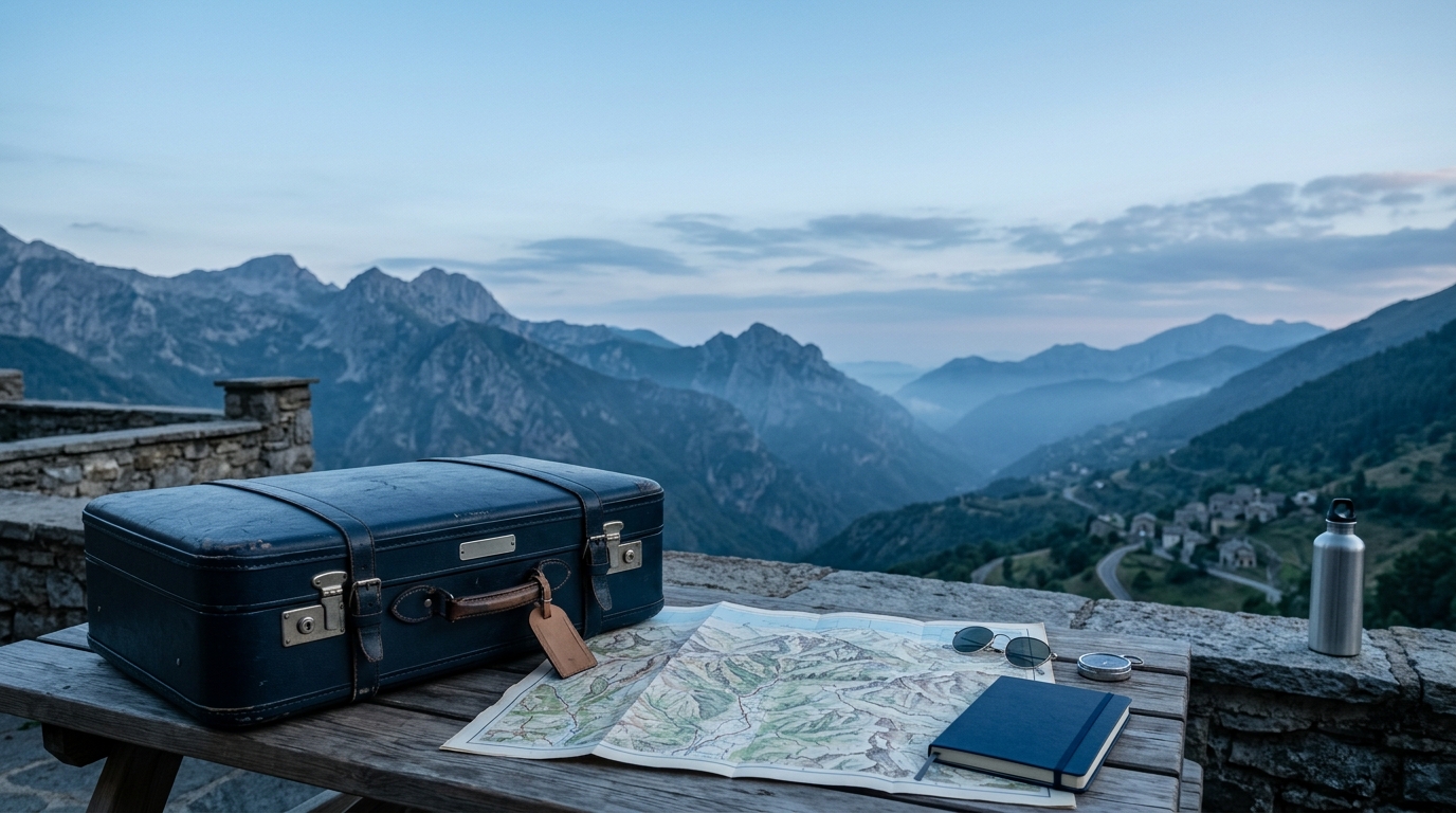 Photorealistic photo of travel suitcase and map, wide shot with open space at the top for text, cool blue tones, quiet atmosphere, 16:9 aspect ratio