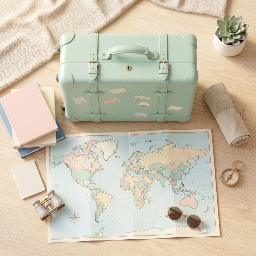 Soft 3d render of travel suitcase and map, high-angle view from above, soft pastel colors, bright and cozy, 1:1 aspect ratio