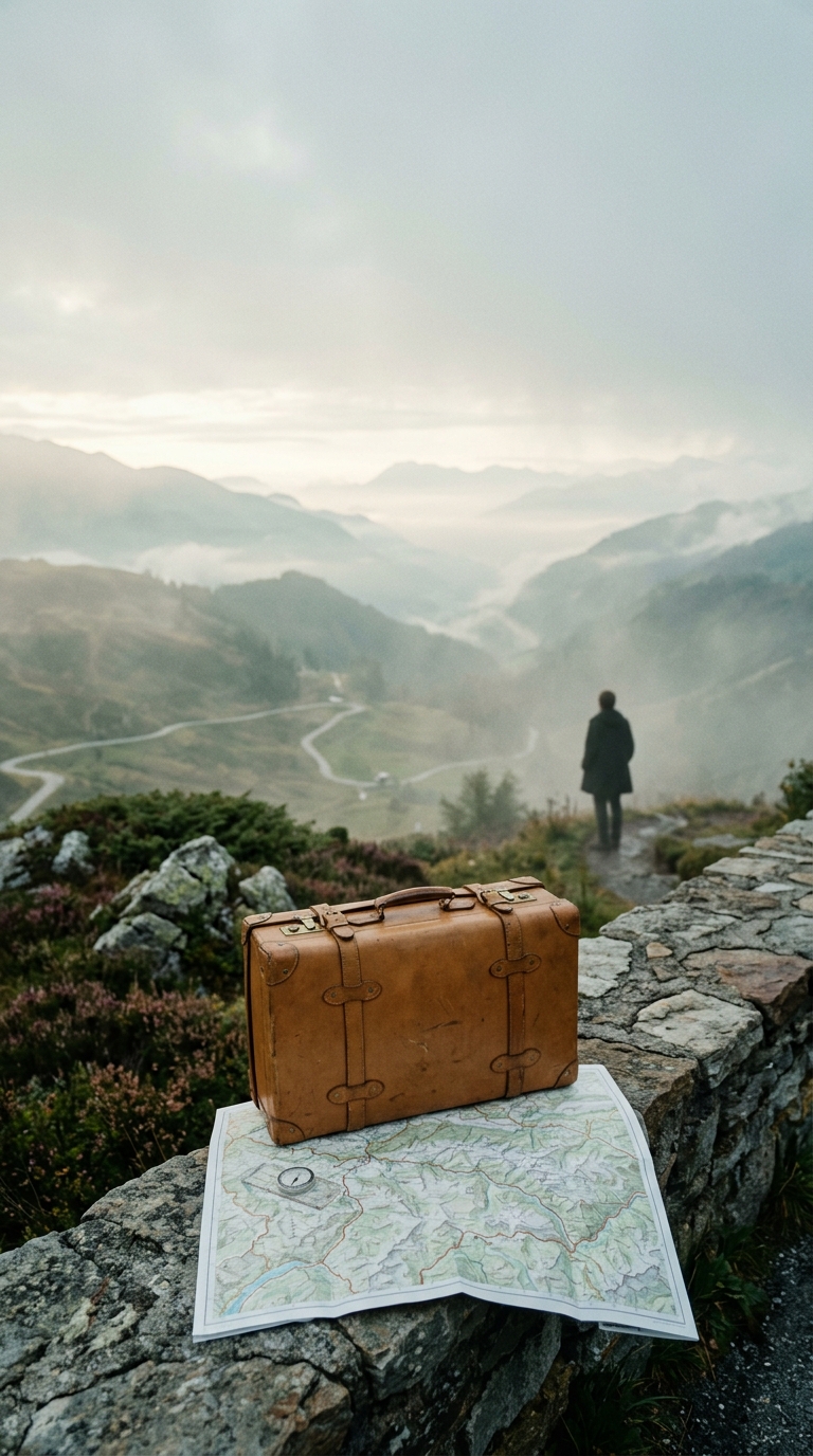 Cinematic film still of travel suitcase and map, wide shot with open space at the top for text, misty morning haze, dreamy, 9:16 aspect ratio