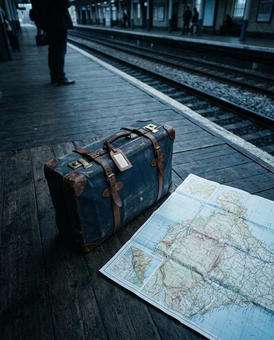 Cinematic film still of travel suitcase and map, high-angle view from above, cool blue tones, quiet atmosphere, 4:5 aspect ratio
