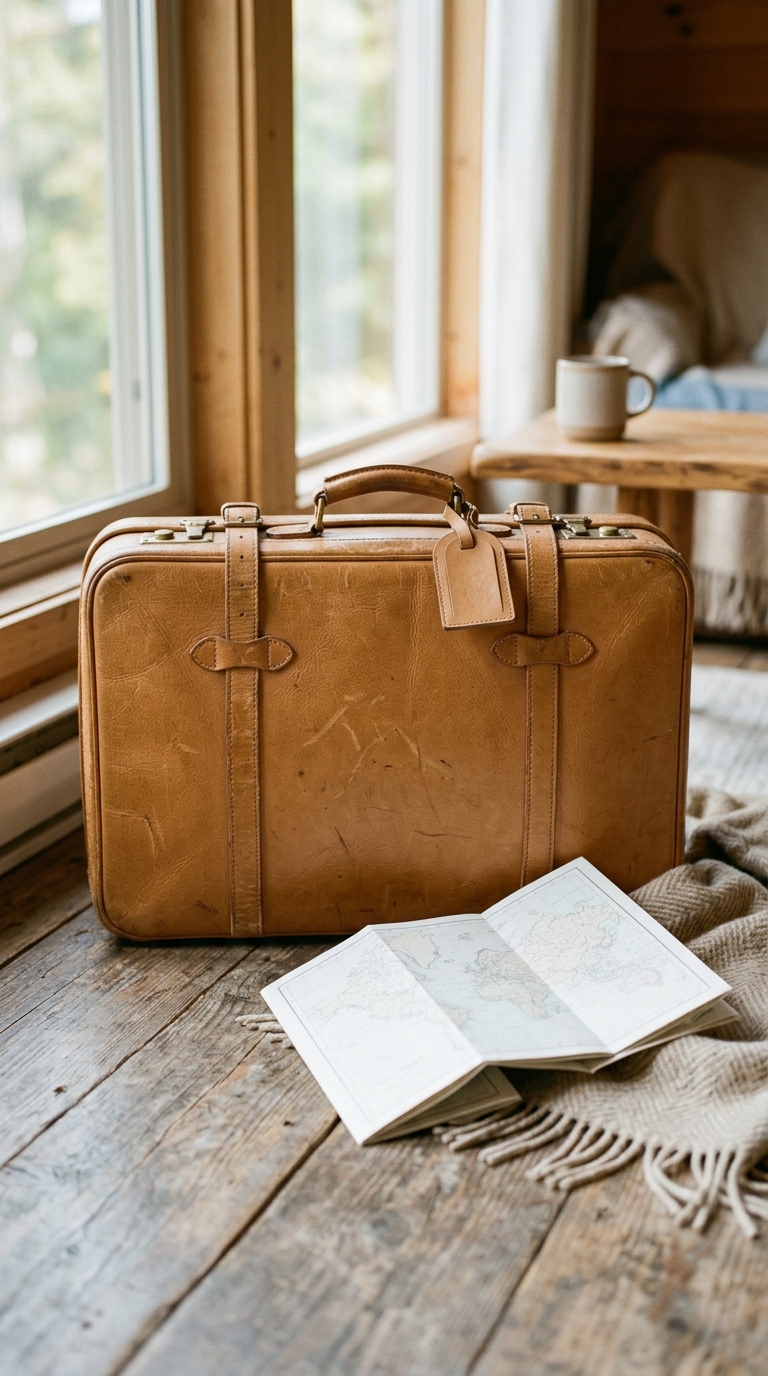 Cinematic film still of travel suitcase and map, centered subject with a simple uncluttered composition, soft pastel colors, bright and cozy, 9:16 aspect ratio