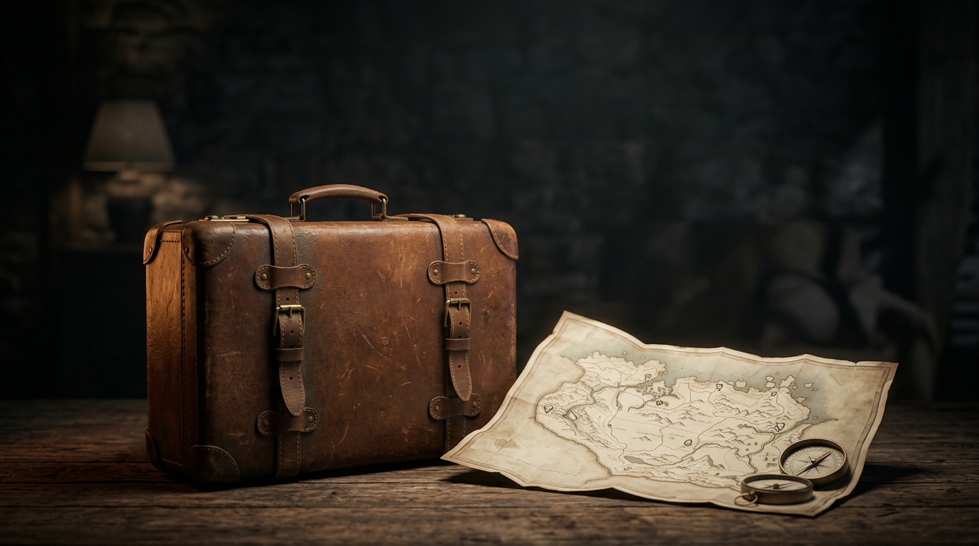 Soft 3d render of travel suitcase and map, wide shot with open space at the top for text, moody dark tones, dramatic lighting, 16:9 aspect ratio