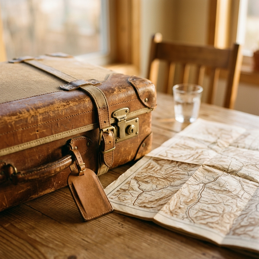 Photorealistic photo of travel suitcase and map, close-up detail with shallow depth of field, warm golden light, calm mood, 1:1 aspect ratio