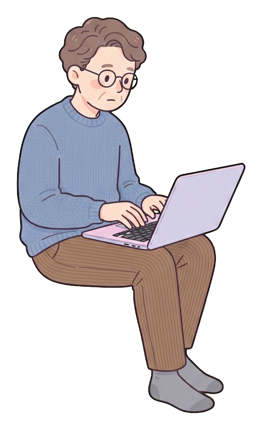 Simple cute flat cartoon illustration with soft pastel colors and thin clean dark outlines of a middle-aged man, person typing on a laptop with focus, transparent background PNG