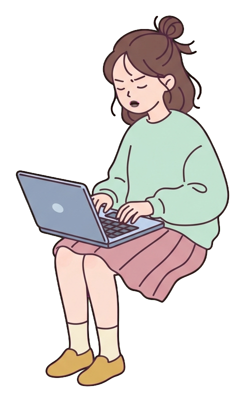 Simple cute flat cartoon illustration with soft pastel colors and thin clean dark outlines of a young woman, person typing on a laptop with focus, transparent background PNG