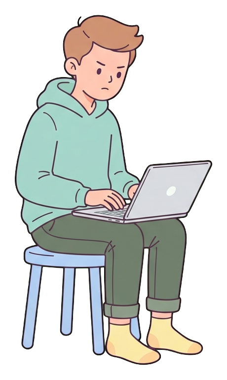 Simple cute flat cartoon illustration with soft pastel colors and thin clean dark outlines of a young man, person typing on a laptop with focus, transparent background PNG