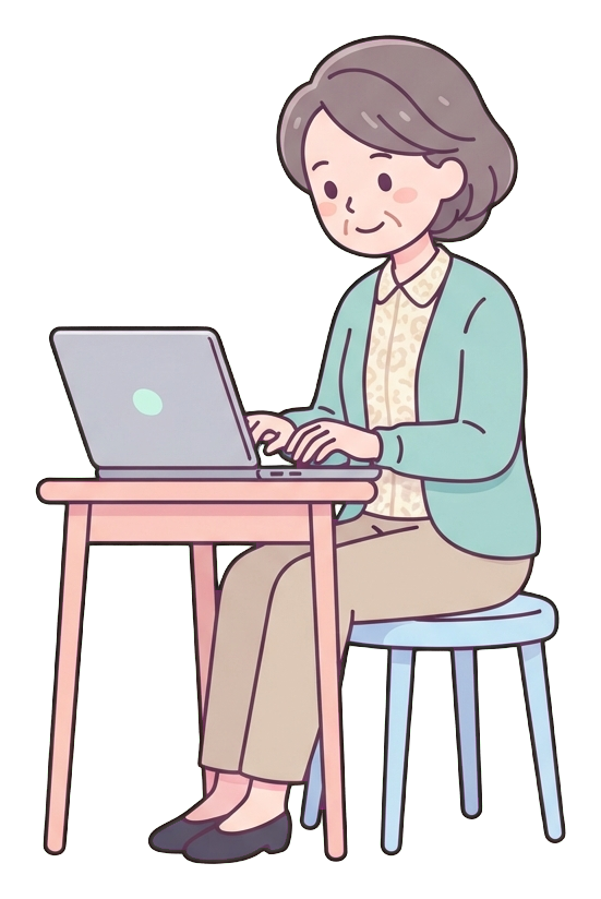 Simple cute flat cartoon illustration with soft pastel colors and thin clean dark outlines of a middle-aged woman, person typing on a laptop with focus, transparent background PNG