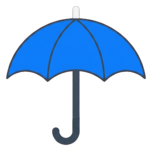 Flat color icon, bold solid colors of an umbrella icon, transparent background PNG