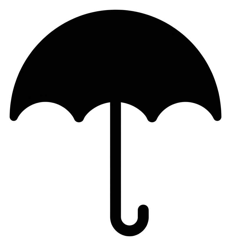 Bold black glyph icon, solid filled silhouette of an umbrella icon, transparent background PNG